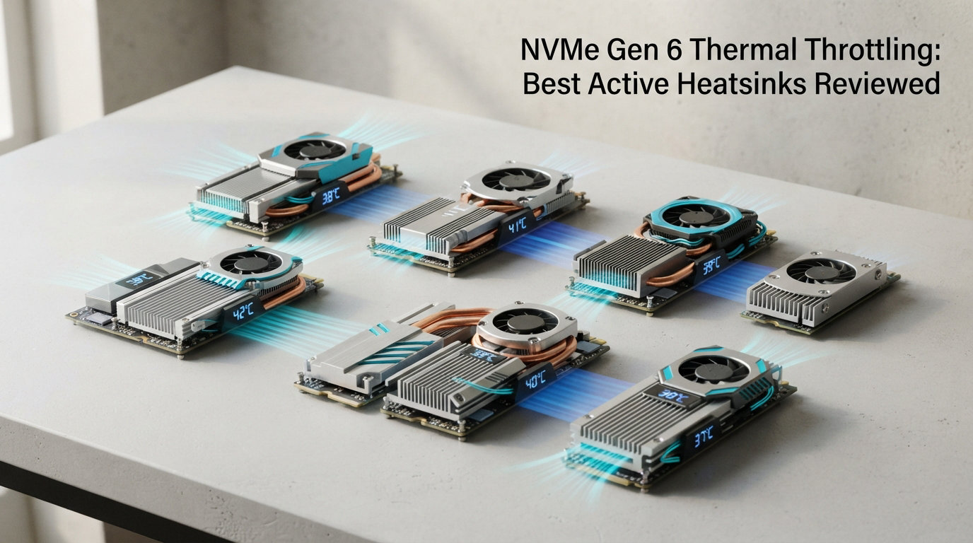 Active NVMe SSD heatsinks with integrated fans, glowing thermal performance, airflow, and cooling benchmark holograms in a futuristic PC hardware lab.