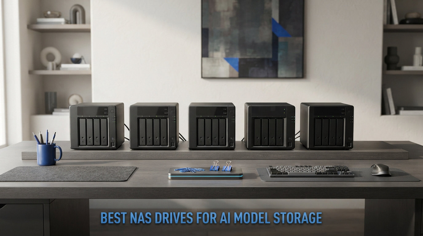 High-capacity NAS drives with glowing AI model storage, RAID performance, and data transfer holograms inside a futuristic storage server.
