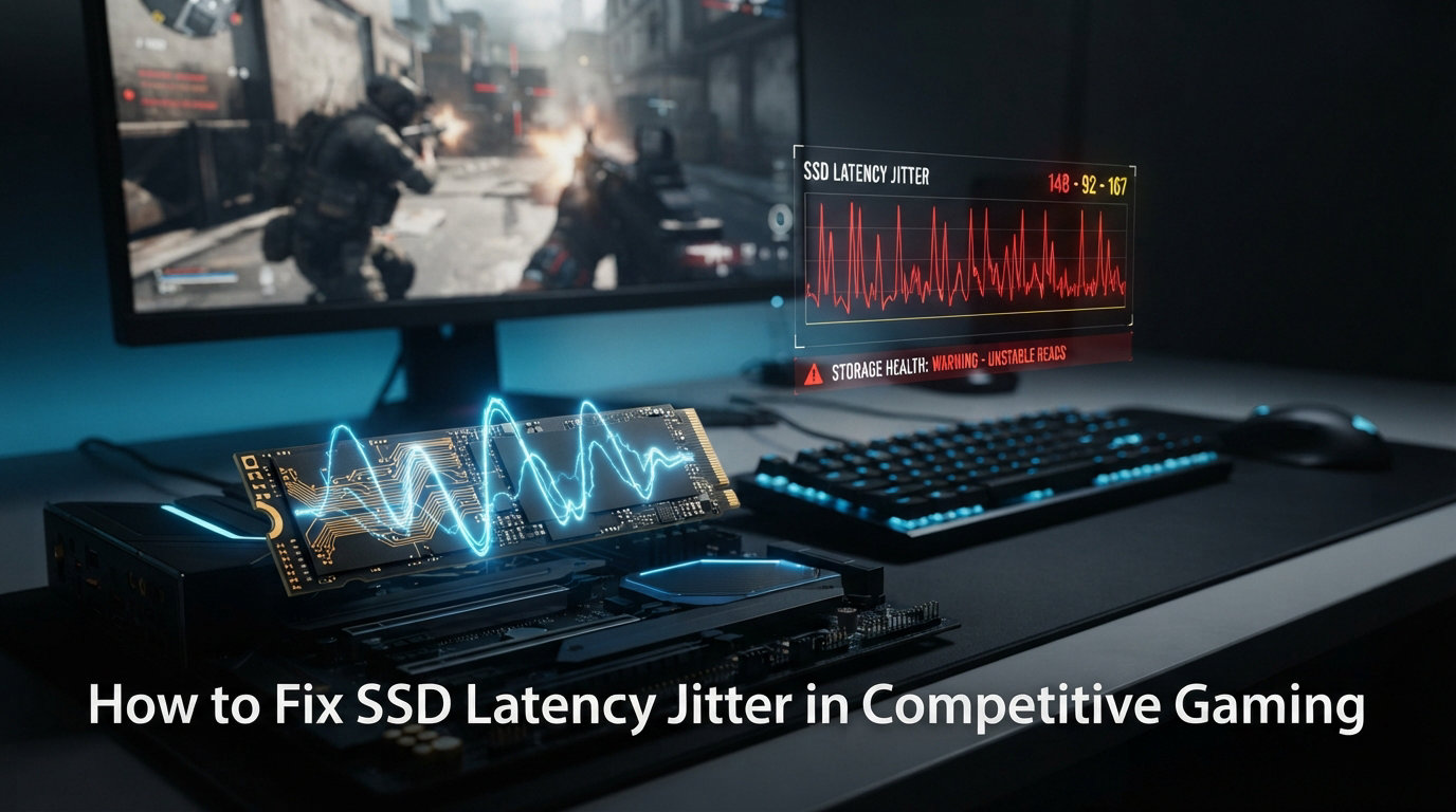 NVMe SSD with glowing latency, IOPS, and storage optimization holograms in a futuristic gaming performance testing lab.